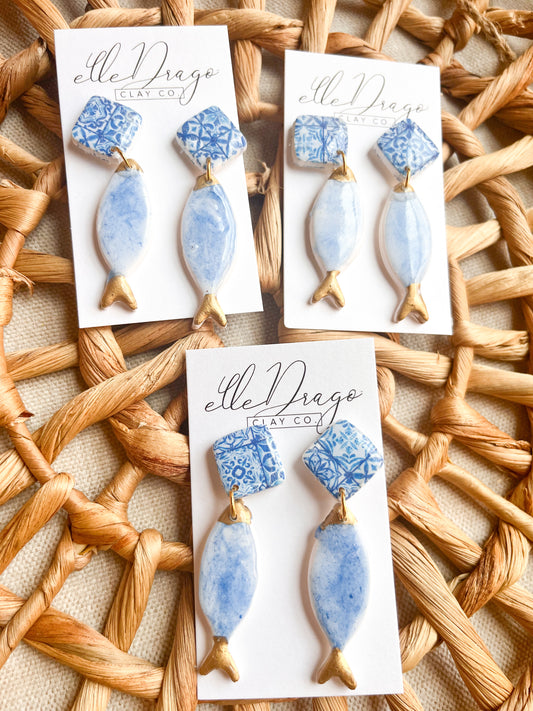 Blue tile fishy earrings